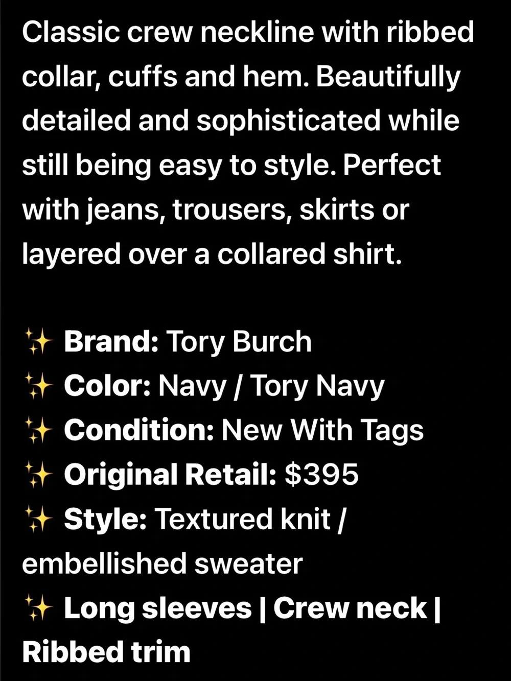 Tory Burch Navy Pom-Pom Trim Embellished Crewneck Sweater
